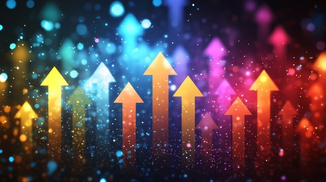 Vibrant background with multiple neon arrows rising upward in sparkling atmosphere, symbolizing progress, leadership, business growth, innovation, technology advancement, success future opportunities. - Powered by Adobe