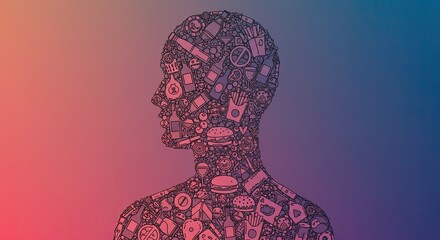 Intricate human silhouette filled with fast food, alcohol, and gambling symbols representing unhealthy desires and lifestyle choices