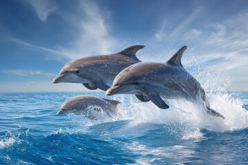 Fototapeta premium Dolphins leap joyfully in the ocean under a sunny sky, showcasing their playful nature during a vibrant marine moment