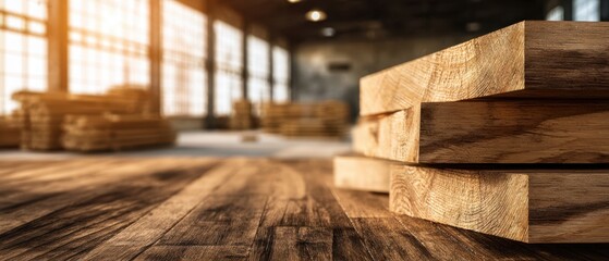 The Wooden Planks Stacked On A Rustic Warehouse Floor With Morning Sunlight