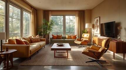 Fototapeta premium Warm and inviting mid century modern living room with large windows and natural light