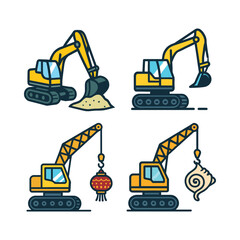 Cartoon construction vehicles like excavators and cranes with asian themed decorative elements