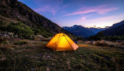 Illuminated Tent Amidst Mountainous Landscape at Dusk with Vibrant Sky Camping Adventure under Stars Tenting in Wild Nature Evening