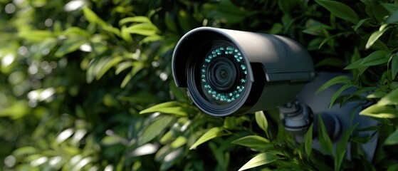 The surveillance camera mounted among lush green foliage monitoring a residential outdoor area