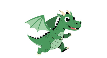 Cute Green Dragon Running with Wings Spread Out.