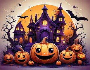 AI Generative Halloween scene with haunted house, pumpkins, bats, and a full moon.