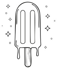 Whimsical hand drawn melting popsicle stick ice cream bar doodle line art illustration with sparkles