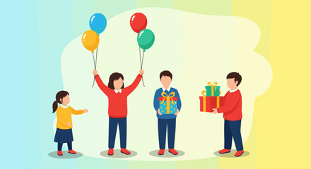 Children celebrating with gifts and balloons.