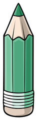 A bold cartoon vector illustration of a sharpened green pencil with an eraser tip.
