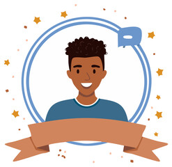 Cheerful portrait of a happy young man encircled by stars and banner, creating celebratory illustration and joyous atmosphere