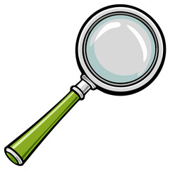 Cartoon magnifying glass with green handle for search investigation and discovery