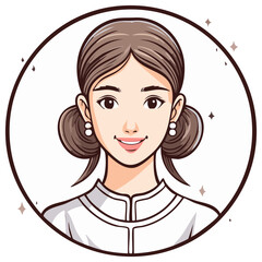 Young woman character portrait illustration with a smiling face and double bun hairstyle in a circle frame