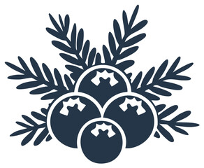 Graphic Silhouette of Berries and Sprigs of Pine Needles, Festive Icon, dark blue color