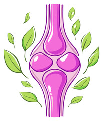 Stylized illustration of a healthy knee joint with surrounding green leaves representing natural healing or wellness.