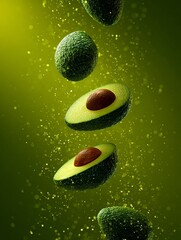 Avocado falling down with gradients background.