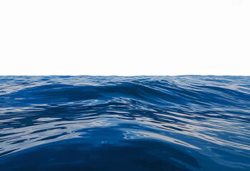A high-resolution photograph capturing the undulating surface of deep blue ocean water with gentle waves against a clean white sky background