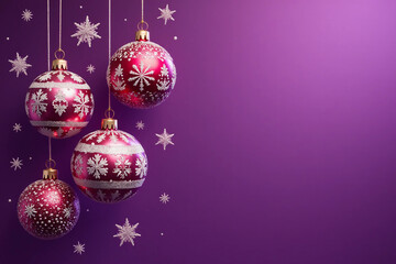 beautiful christmas balls banner with text space. isolated on purple background. 3d rendering.