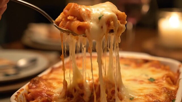 Serving a Hot and Cheesy Baked Pasta Dish with Gooey Melted Cheese.