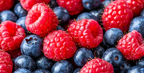 Vibrant fresh raspberries and blueberries burst with flavor