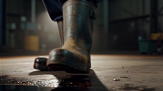 Thick black oil dripping from pipe onto industrial floor, close-up