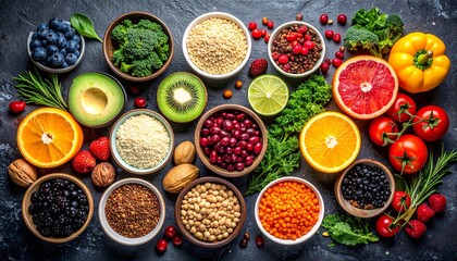 Assorted colorful fruits and vegetables arranged beautifully on dark surface showcasing healthy eating and vibrant colors, promoting wellness and nutrition.