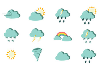Bundle of illustration cartoon of cloudy weather, tornadoes, sun, thunderstorms, windy clouds, snow, and cloudy rainbows. for weather icons, templates, and illustration images.