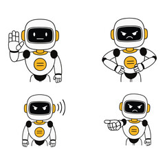 Four diverse cartoon robots expressing various emotions and performing different actions