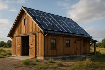 Modern wooden barn structure blends rustic aesthetics with solar panel technology. This eco-friendly building stands under a clear sky in a natural landscape.