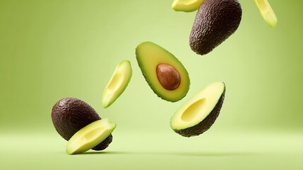 Avocado falling down with gradients background.