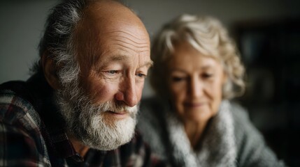 Elderly couple in a cozy home looking down thoughtfully suggesting contemplation or planning