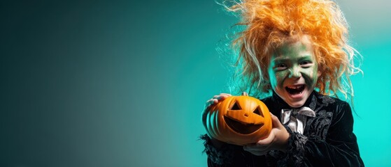 The Child Holding a Jack-o'-Lantern Smiling in Halloween Costume with Dramatic Lighting