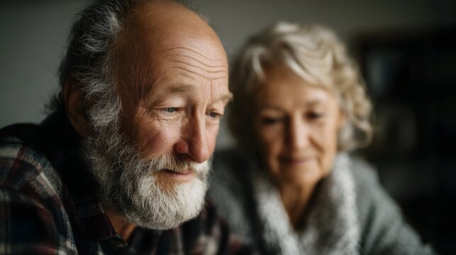 Elderly couple in a cozy home looking down thoughtfully suggesting contemplation or planning