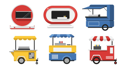 Set of various food carts and kiosks for street food vendors.