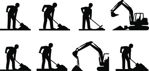 Obraz premium Construction Worker and Excavator Silhouettes in Black Vector Style Depicting Manual Labor and Earthmoving for Industrial, Engineering, and Jobsite Themes