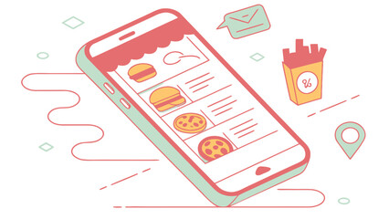 Isometric illustration of a smartphone displaying a food ordering app interface with burgers and pizza listed