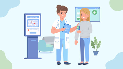 Doctor Assisting Patient with Smart Kiosk for Appointment Check-In