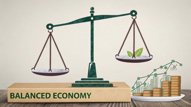 Conceptual illustration of scales weighing plant and coins representing balanced economy ideal for financial themes and sustainability