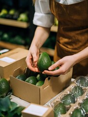 employees woman's hands sell Avocado in the department store.