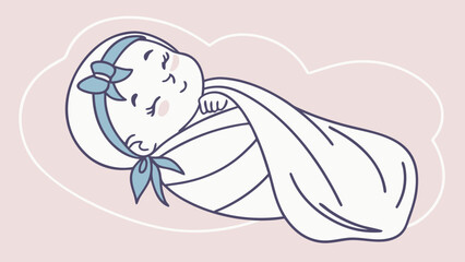 A serene illustration of a baby swaddled in a white blanket with a light blue headband on a soft pink background