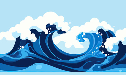 Abstract ocean waves with white foam and varying shades of blue in flat minimalist vector style with curling crests and dynamic water movement illustration