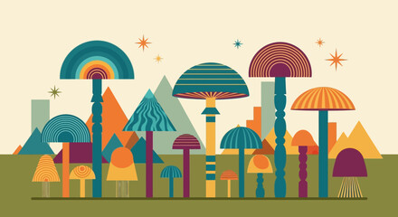 Stylized Abstract Mushroom Forest Illustration.