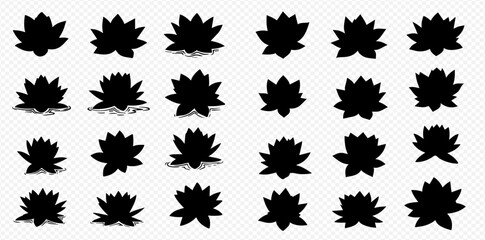 A collection of twenty-four black lotus flower silhouettes arranged in a grid on a transparent background.