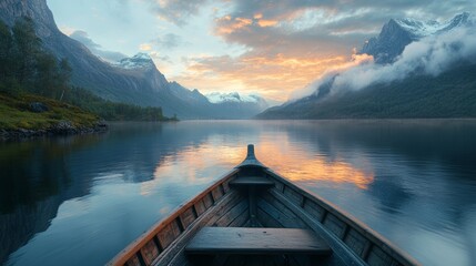 A peaceful view from the bow of a wooden boat floating on a calm lake surrounded by dramatic mountains and glowing sunset sky, symbolizing peaceful travel, solitude, adventure, and natural beauty.