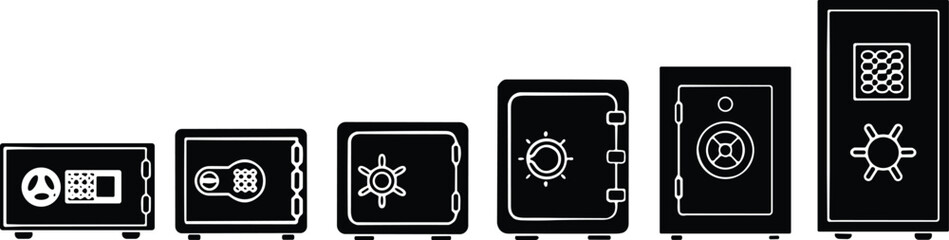 Security safes set in progressive sizes and locking mechanisms, black vector icons for protection, storage, and safety illustrations