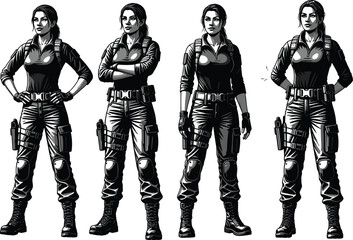 Female Tactical Character Silhouette in Combat Gear with Pose Variations, Military Outfit, Action Stance, Game Design and Storytelling Asset