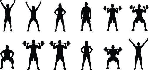 Fitness Silhouette Bundle Featuring Exercise Poses, Barbell Lifting, Squats, Standing Postures, Workout Form Icons for Health and Training Design