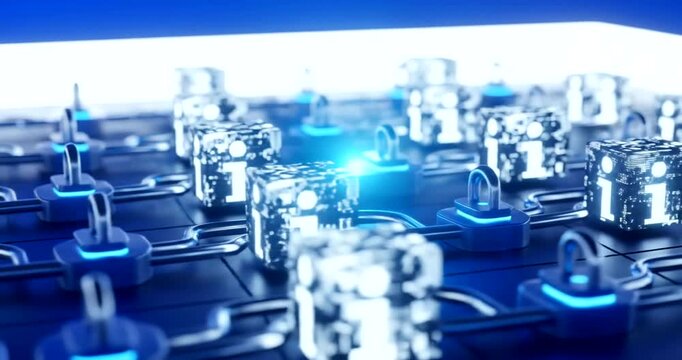 Futuristic digital network with glowing locks and circuit patterns