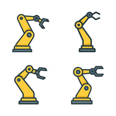 Collection of four distinct yellow industrial robotic arm icons for automation and manufacturing projects