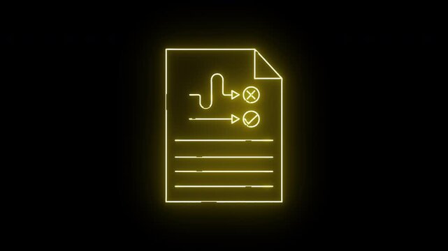 A neon style document icon with marked plans and lines on a black backdrop