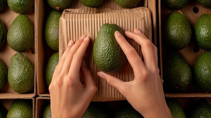 employees woman's hands sell Avocado in the department store.